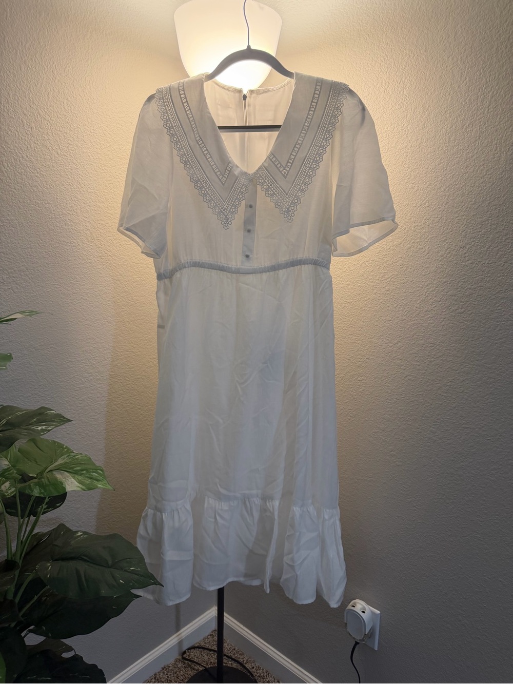 White V-Neck Lace Trim Midi Dress